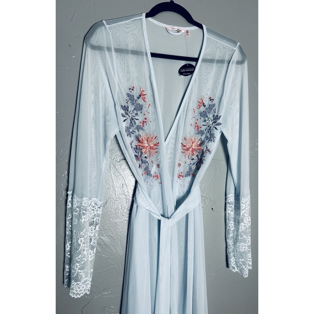 La Vie En Rose Embroidered Blue Robe With‎ Lace Detail Size S/M - Picture 3 of 12